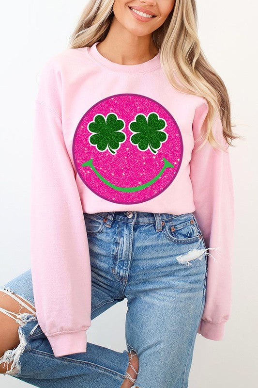 Smile Face Glitter Graphic Fleece Sweatshirt